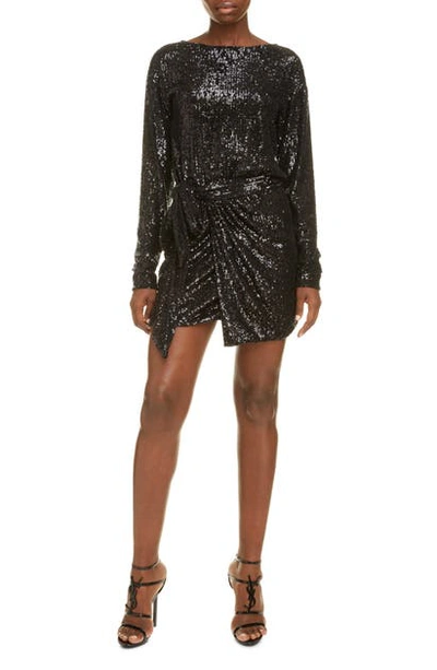Shop Saint Laurent Sequin Long Sleeve Wrap Panel Minidress In Noir/ Noir Brillant