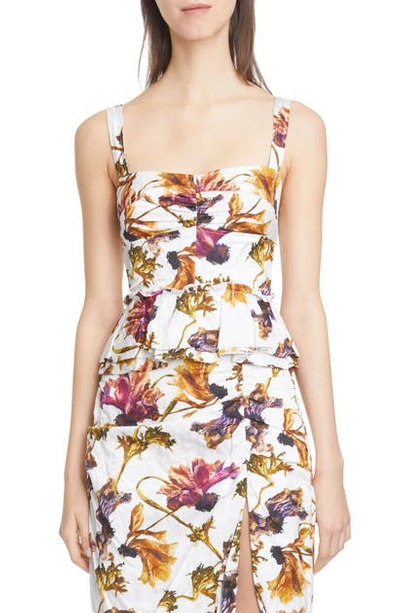 Shop Jason Wu Collection Floral Print Washed Sateen Peplum Top In Chalk Multi