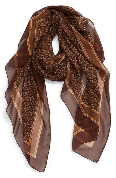 Shop Burberry Tb Monogram Mulberry Silk Chiffon Scarf In Bridle Brown