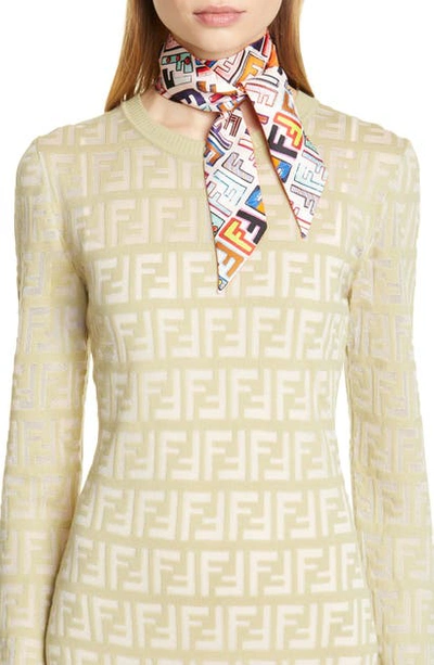 Shop Fendi Logo Fun Fair Silk Skinny Scarf In Camelia White