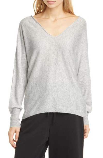 Shop Vince Double V-neck Cashmere & Linen Sweater In Grey/ White