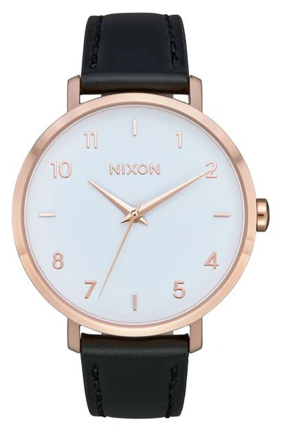 Shop Nixon The Arrow Leather Strap Watch, 38mm In Black/ White/ Rose Gold
