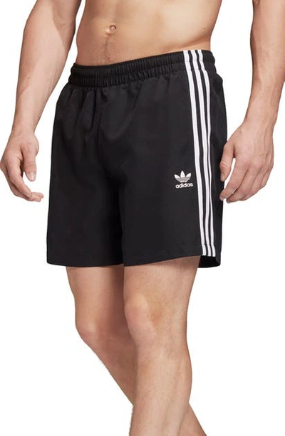 Shop Adidas Originals 3-stripes Swim Trunks In Black