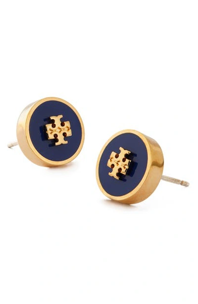 Shop Tory Burch Kira Enamel Circle Stud Earrings In Tory Gold / Nautical Blue