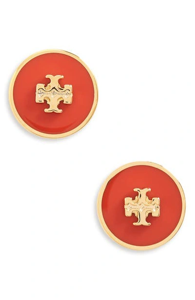 Shop Tory Burch Kira Enamel Circle Stud Earrings In Tory Gold / Poppy Red