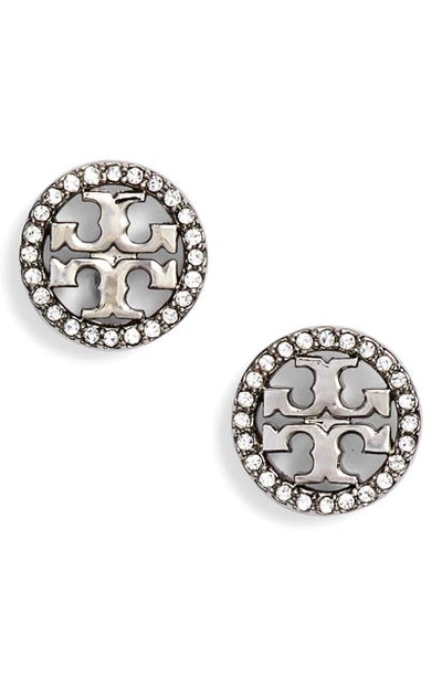 Shop Tory Burch Crystal Logo Circle Stud Earrings In Tory Silver/ Crystal