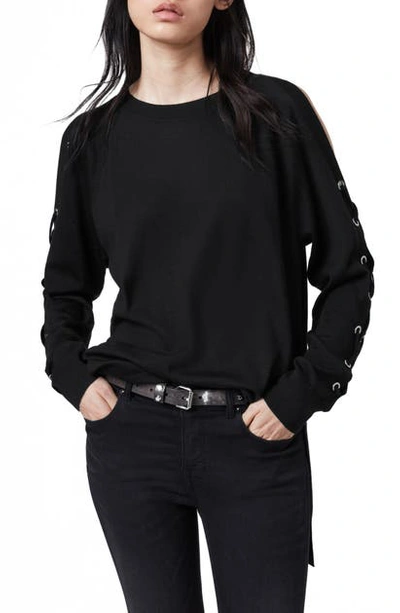 Shop Allsaints Cross Lace-up Sleeve Merino Wool Sweater In Black