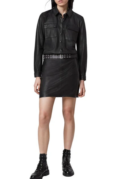 Shop Allsaints Kadi Long Sleeve Leather Shirtdress In Black