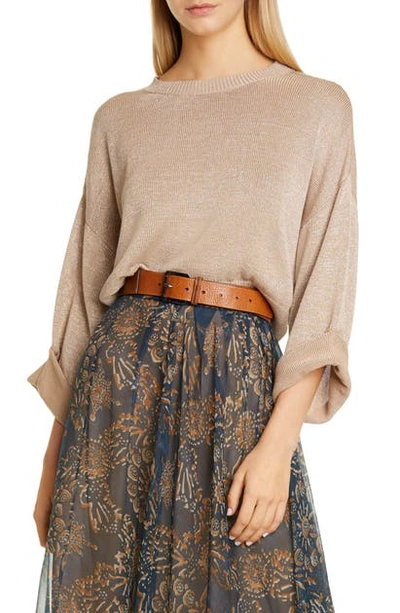 Shop Brunello Cucinelli Roll-up Sleeve Metallic Crop Sweater In Beige