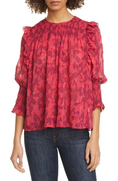 Shop Joie Jamila Smock Detail Silk & Cotton Blouse In Hibiscus