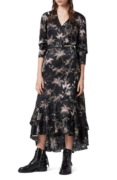 Shop Allsaints Tage Evolution Floral Print High/low Wrap Dress In Black