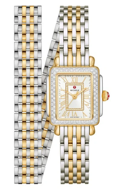 Shop Michele Deco Madison Mini Diamond Bracelet Watch, 22mm In Gold /silver White Sunray