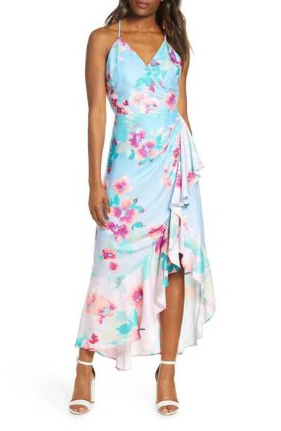 Shop Adelyn Rae Floral Faux Wrap Midi Dress In Crystal Blue Multi