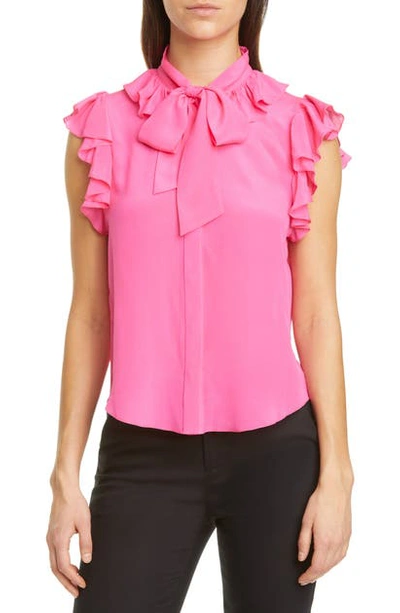 Shop Alice And Olivia Robbie Bow Neck Silk Blouse In Wild Pink