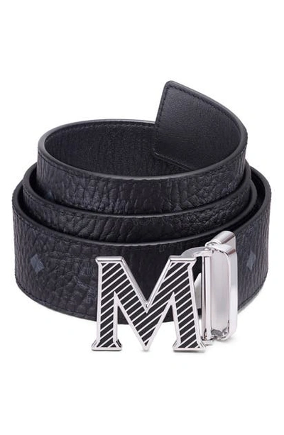 Shop Mcm Claus Reversible Leather & Coated Canvas Belt In Black