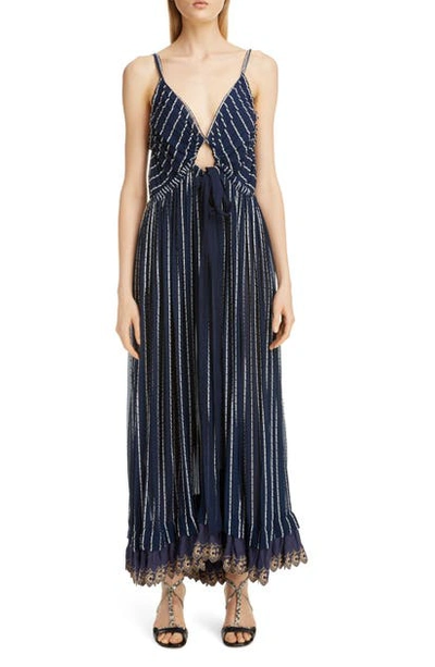 Shop Chloé Lace Hem Silk Blend Maxi Dress In Dark Denim