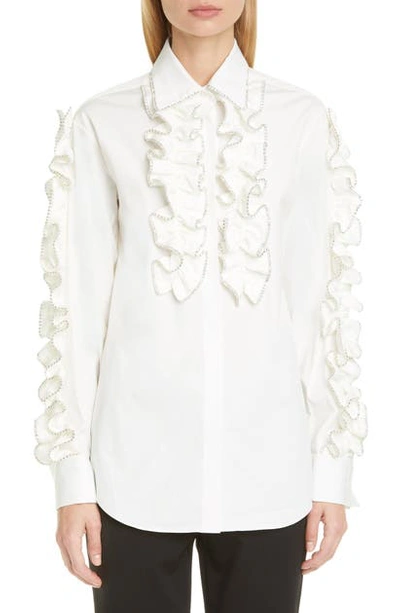 Shop Area Crystal Ruffle Trim Tuxedo Shirt In White