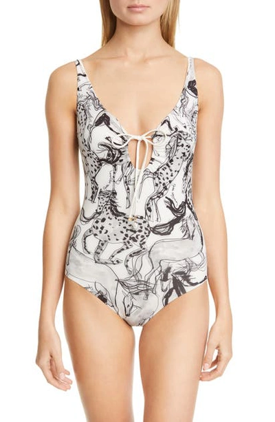 Shop Stella Mccartney Horse Print Keyhole One-piece Swimsuit In Natural/m