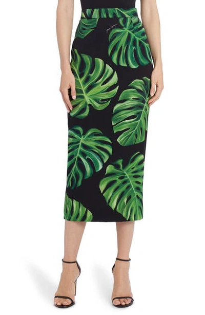 Shop Dolce & Gabbana Leaf Print Midi Pencil Skirt In Black Palm