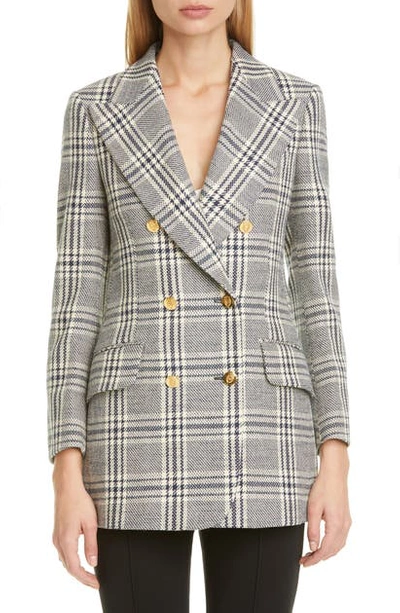Shop Gucci Double Breasted Check Wool Blend Tweed Blazer In Blue/ White