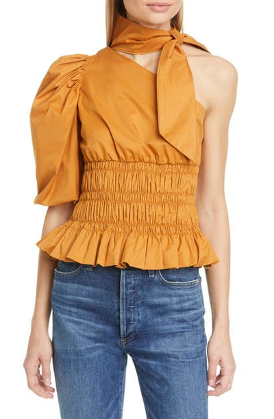 Shop Johanna Ortiz Tie Neck Stretch Cotton One-shoulder Top In Mango