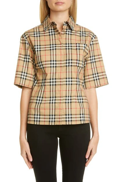 Shop Burberry Eleanora Check Stretch Cotton Camp Shirt In Archive Beige Ip Chk