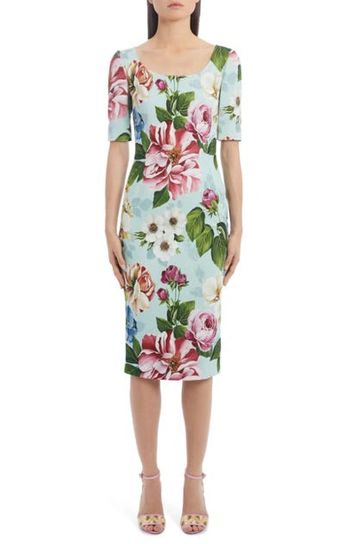 Shop Dolce & Gabbana Floral Print Cady Sheath Dress In Hc1am Blue Floral