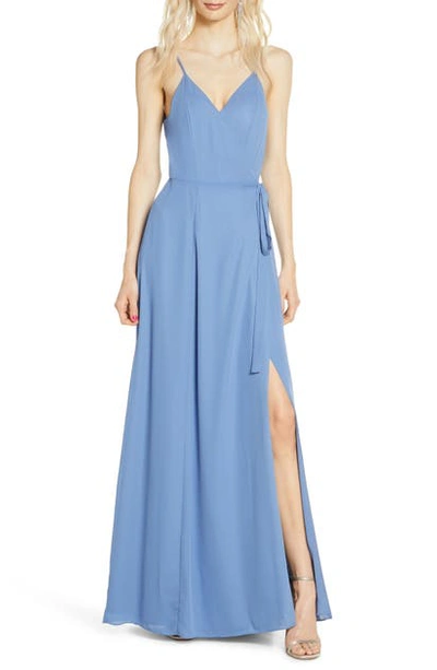 Shop Wayf The Angelina Slit Wrap Gown In Evening Blue