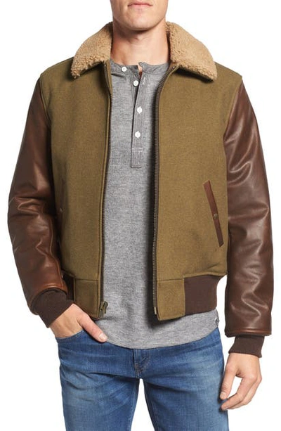 Shop Schott Mixed Media B-15 Flight Jacket With Genuine Shearling Collar In Olive