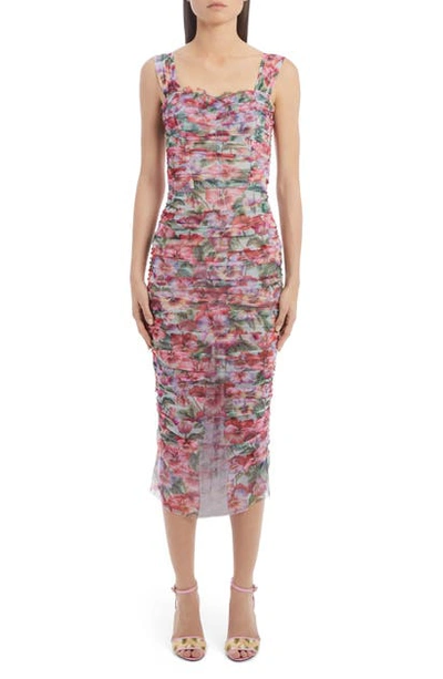Shop Dolce & Gabbana Floral Ruched Tulle Midi Dress In Hc1bn Pink Pansy