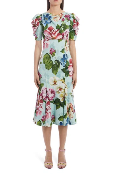 Shop Dolce & Gabbana Floral Print Cady Midi Dress In Hc1am Blue Floral