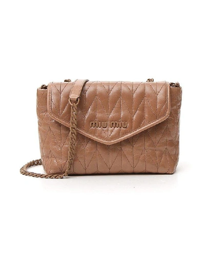 Shop Miu Miu Quilted Logo Shoulder Bag In Brown