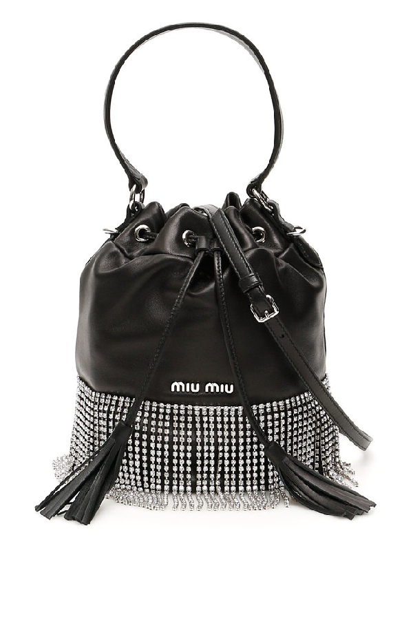 black fringe bucket bag