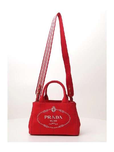 Shop Prada Milano Logo Print Tote Bag In Red