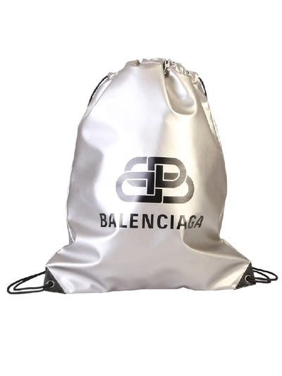 Shop Balenciaga Logo Printed Drawstring Backpack In Silver