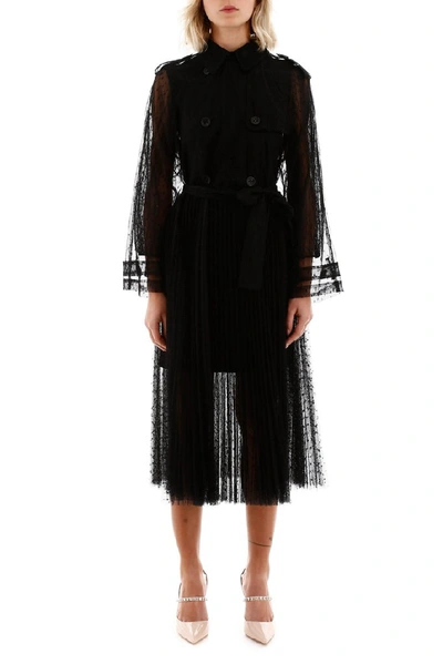 Shop Red Valentino Redvalentino Point D'esprit Pleated Trench Coat In Black