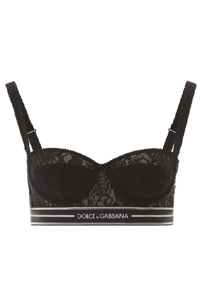 Shop Dolce & Gabbana Logo Trim Lace Bra In Nero