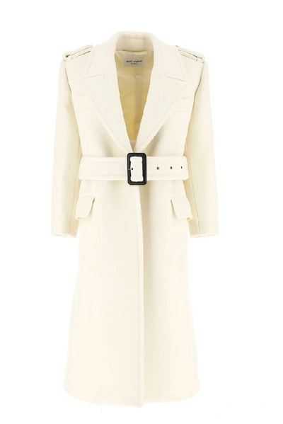 Shop Saint Laurent Belted Herringbone Coat In White