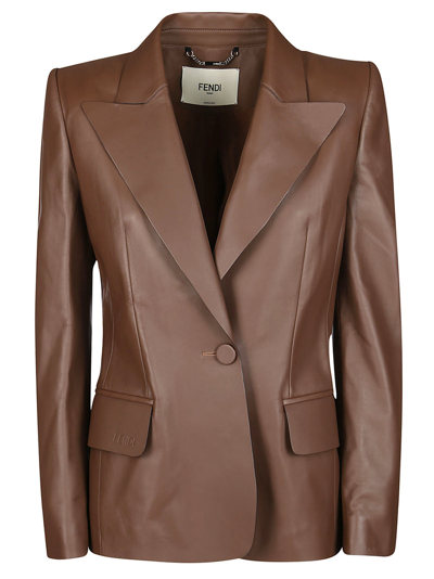 Shop Fendi Single Breasted Leather Blazer In Brown