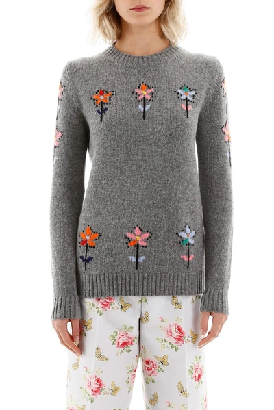 Shop Prada Floral Crewneck Sweater In Grey