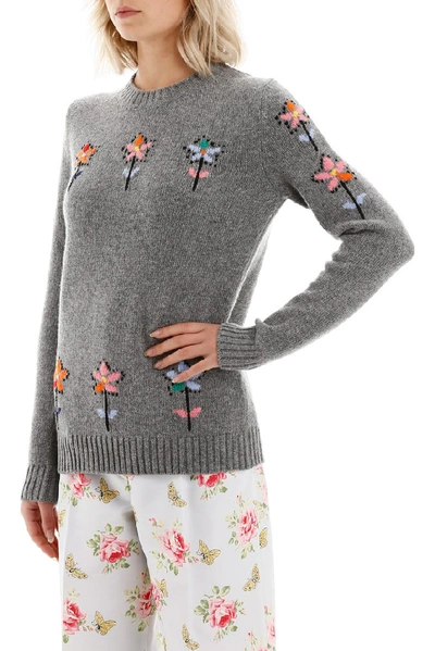 Shop Prada Floral Crewneck Sweater In Grey