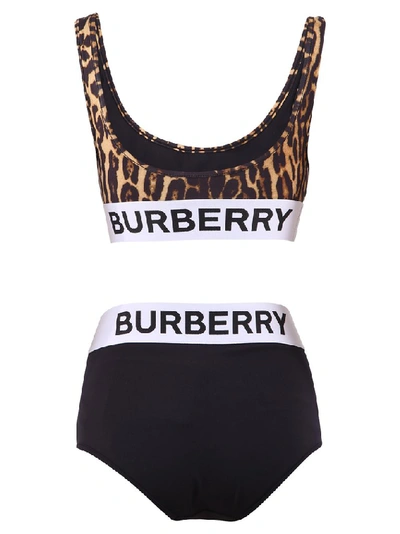 Shop Burberry Logo Animal Print Bikini In Black