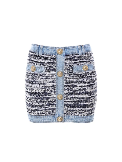 Shop Balmain Button Embellished Denim Tweed Mini Skirt In Multi