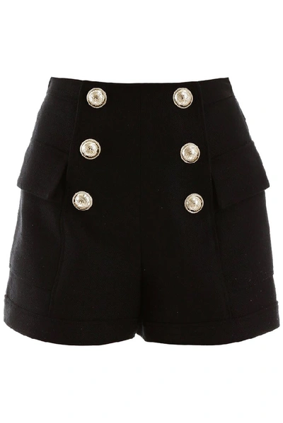 Shop Balmain High Waisted Buttoned Flap Shorts In Black