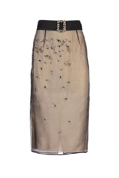 Shop Prada Crystal Embellished Belted Midi Skirt In Black