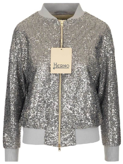 Shop Herno Sequin Bomber Jacket In Silver