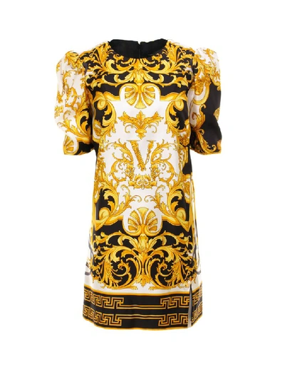 Shop Versace Printed Short Sleeve Mini Dress In Yellow