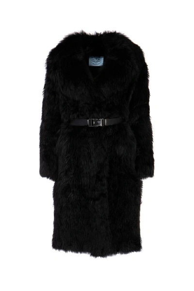 Shop Prada Belted Fur Coat In Black