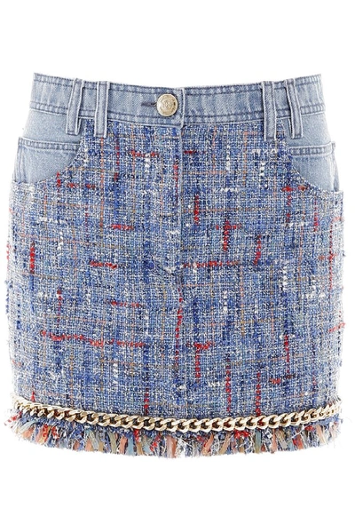Shop Balmain Fringed Denim Skirt In Blue