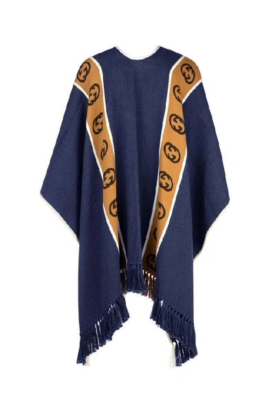 Shop Gucci Logo Band Fringed Hem Poncho In Multi